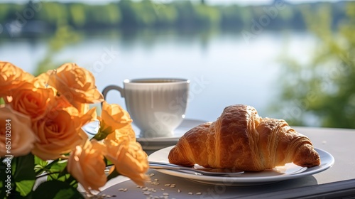  morning breakfast set of croissant with tea or coffee at lakeside, Generative Ai