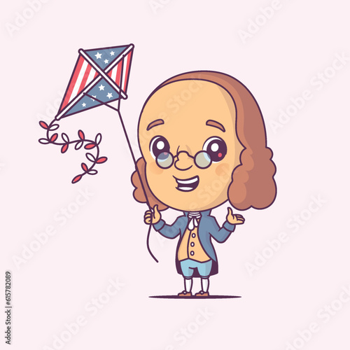Benjamin Franklin holding a US flag colored kite cartoon vector illustration in chibi style