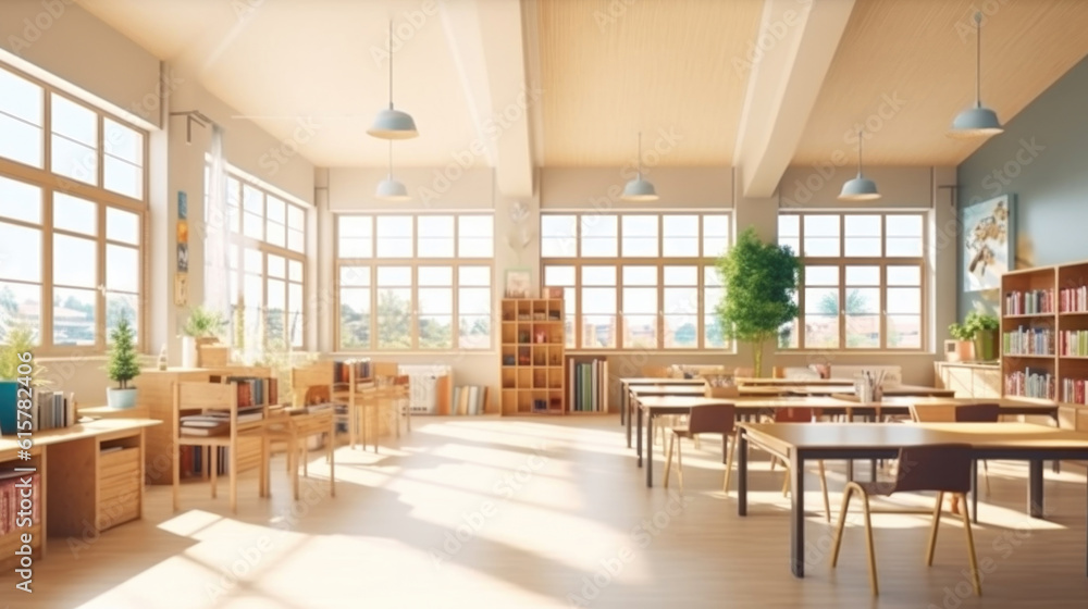Fototapeta premium Interior of a modern school library. Generative AI.