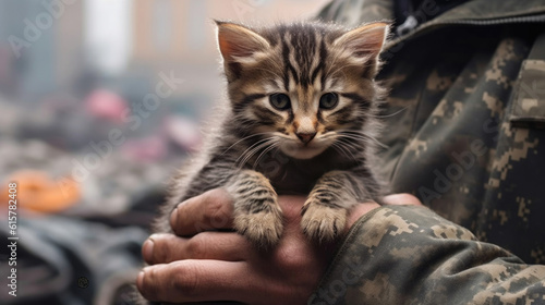 Cute little kitten in the hands of a soldier.  Generative AI.