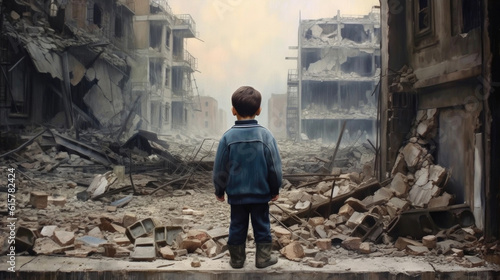 The boy stands in the ruins of a bombed-out building and looks at the ruined city. Generative AI.