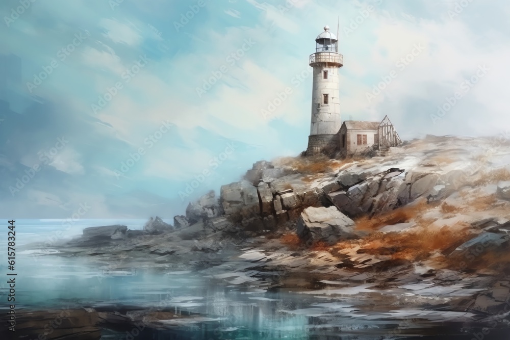 An old lighthouse tall and stark on a desolate rocky