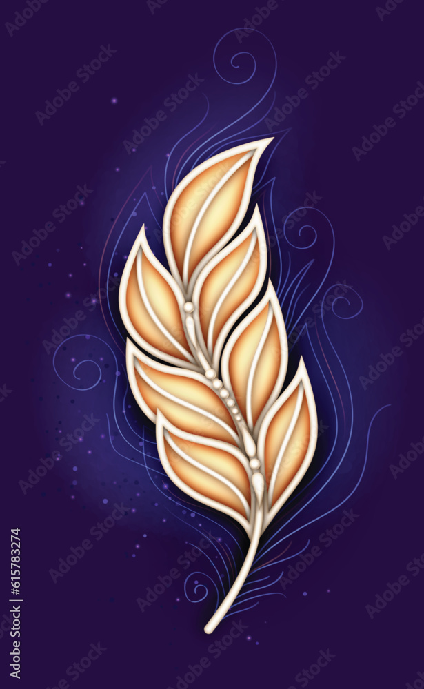 Mystical Cosmic Feather, Deco Element. Aesthetic Object with Oriental Stylization. Futuristic Abstract Concept. Textured Fantasy Background. Vector 3d Illustration