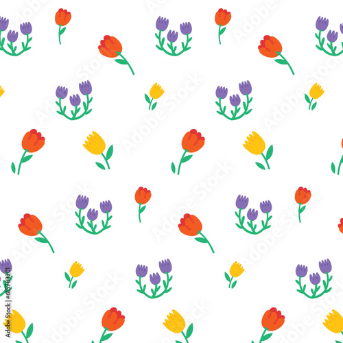 Simplistic cartoon vector pattern with flowers. Trendy oversimplified doodle image with floral design. Seamless tiles for creating textures  backgrounds and textile designs.