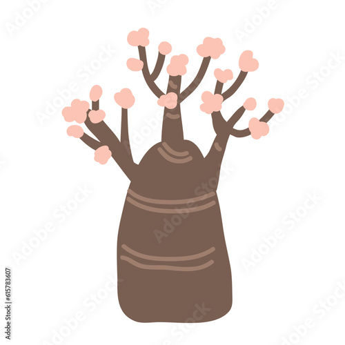 Cartoon bottle tree with flowers isolated vector illustration. Desert rose, Adenium Obesum, or red impala lily in blossom photo