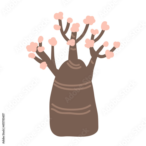 Cartoon bottle tree with flowers isolated vector illustration. Desert rose, Adenium Obesum, or red impala lily in blossom