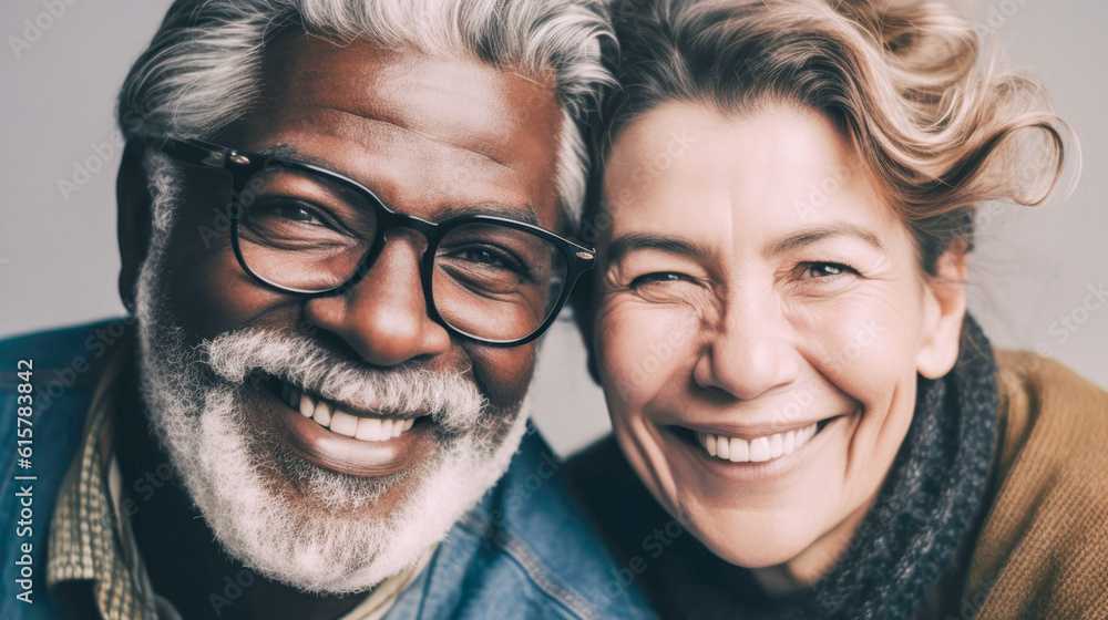 Portrait of a happy mature married couple, a Hindu man and a European woman, on a gray background Portrait of a happy mature married couple, a Hindu man and a European woman, on a gray background