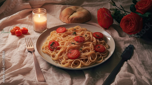 a plate of pasta with tomatoes on it and a glass of wine next to the plate there is a candle