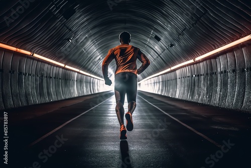 Athletic runner in high speed sprint back view photo