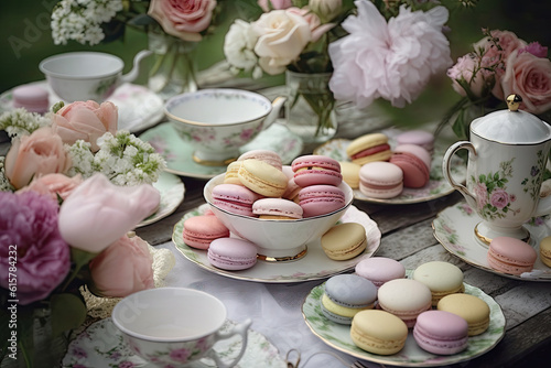 teacups and cupcakes on a table with flowers in the background, as well for this photo