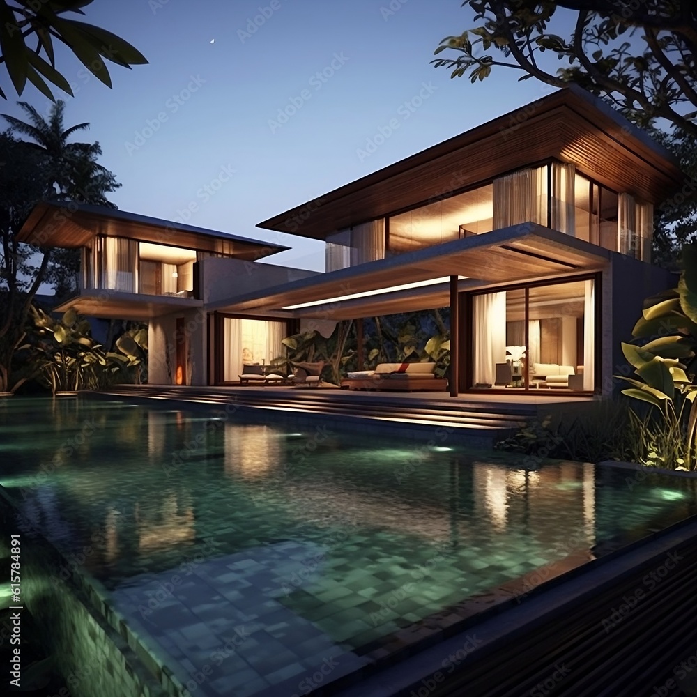 Luxury Bali Villa Ultra Modern with Japanese Inspiration. Generative AI