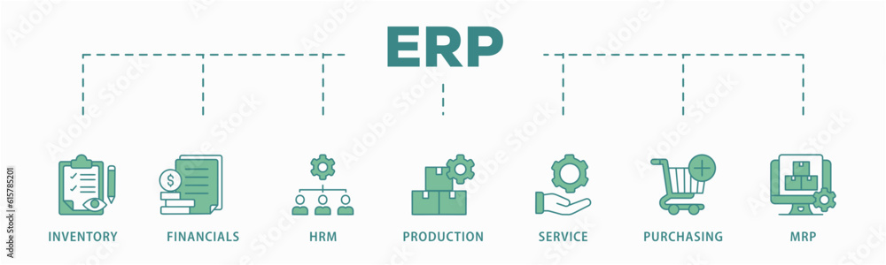 ERP banner web icon vector illustration concept for enterprise resource planning with icon of inventory, financials, hrm, production, service, purchasing, and mrp ERP banner web icon vector illustration concept for enterprise resource planning with icon of inventory, financials, hrm, production, service, purchasing, and mrp