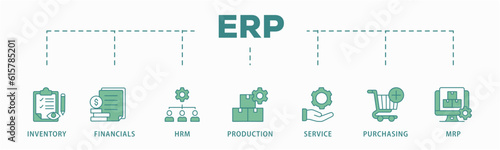 ERP banner web icon vector illustration concept for enterprise resource planning with icon of inventory, financials, hrm, production, service, purchasing, and mrp