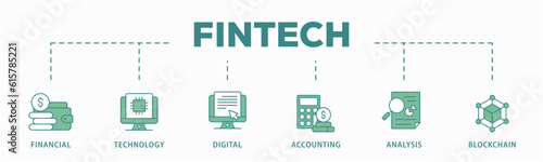 Fintech banner web icon vector illustration concept with icon of financial, technology, digital, accounting, analysis and blockchain