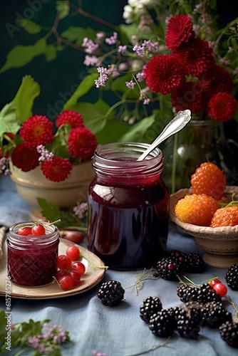  a jar of mix berries jam with fresh fruit, Generative Ai