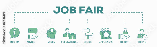 Job fair banner web icon vector illustration concept for employee recruitment and onboarding program with an icon of the information, advice, skills, occupational, applicants, recruit, and hiring