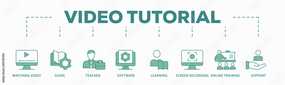 Video tutorial banner web icon vector illustration concept with icon of watching video, guide, teacher, software, learning, screen recording, online training, support