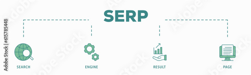 SERP banner web icon vector illustration concept for search engine result page with icon of web search, computer, search engine, mobile search, page result, and statistics graph