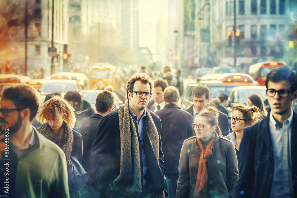 Obraz premium A crowd of people on a city sidewalk