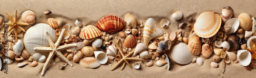 tropical sand nature shell ocean sea beach holiday summer banner. Generative AI.