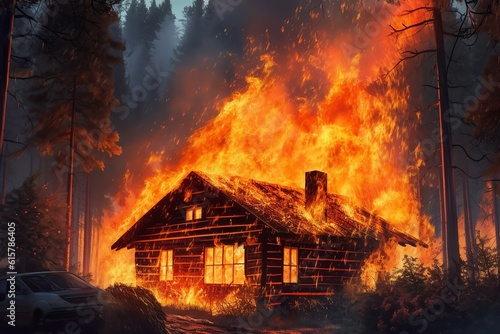 Burning wooden house bright orange flames