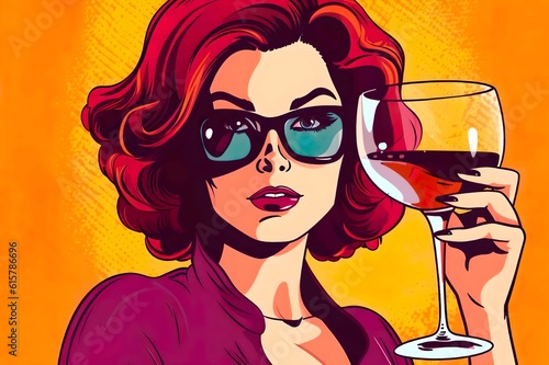 Glamorous Woman Enjoying a Glass of Wine at a Vibrant Party - Pop Art Retro Comics Style. poster for advertising