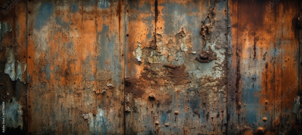 Scratched rusty metal plate surface background. Brown red blue scratch detail. Generative AI technology. Scratched rusty metal plate surface background. Brown red blue scratch detail. Generative AI technology.
