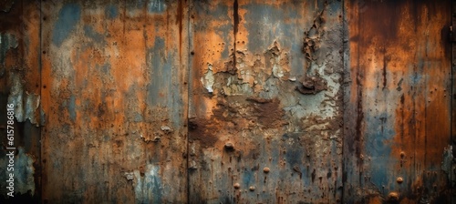 Scratched rusty metal plate surface background. Brown red blue scratch detail. Generative AI technology. 