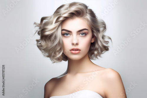 Portrait of a beautiful blonde girl with a short haircut. White background