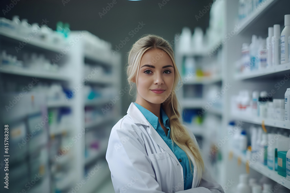 Portrait of Beautiful Professional Caucasian Female Pharmacist Wearing Glasses, Looks at Camera, Drugstore Store with Shelves Health Care Products