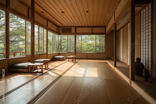 Muji design, an empty wooden room, and interior cleaning of a Japanese room. Generative AI