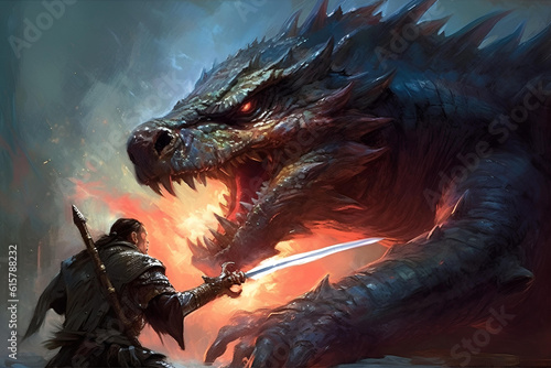 Brave knight or swordsman fighting with huge dragon. Fairytale or legend