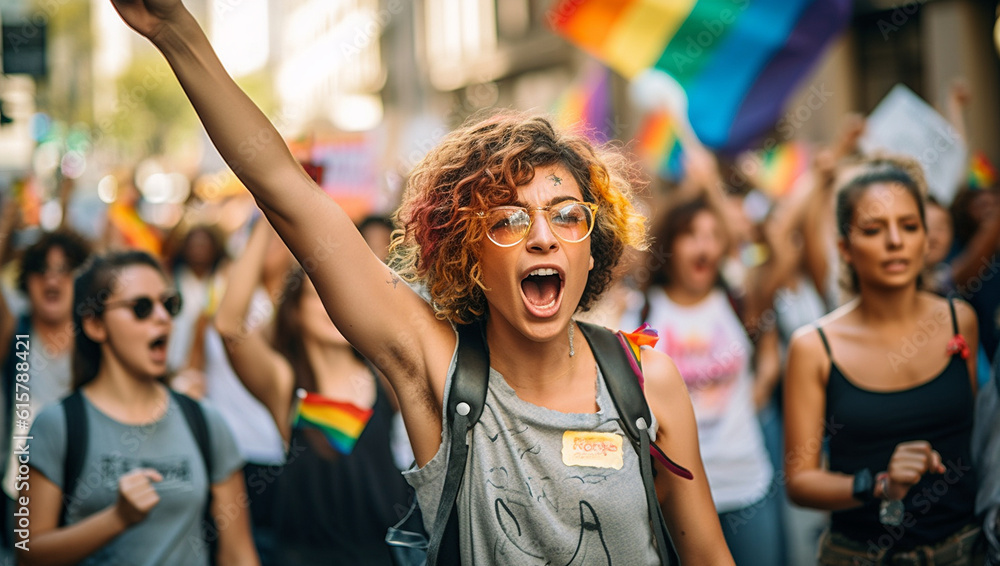 Crowd raising and holding rainbow flags during gay pride. Multiracial gay people having fun at pride parade Concept of lgbt,lgbtq and homosexual or transexual love proud LGBTQ community