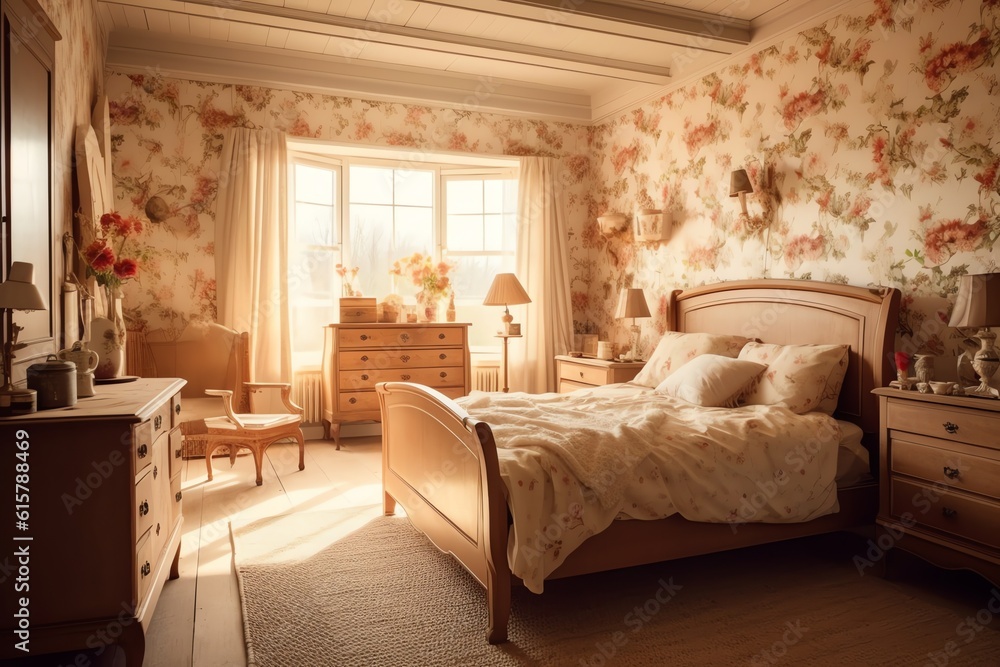 English country-style bedroom with floral wallpaper