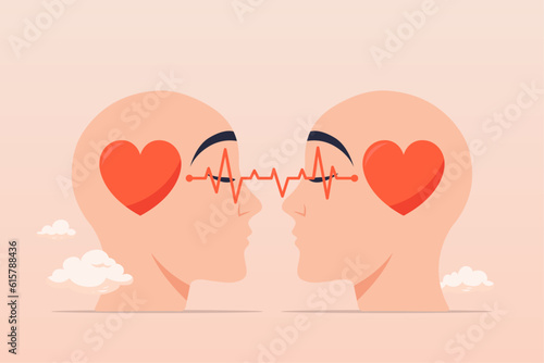 People head with heart sharing feeling with empathy, sympathy, caring or share feeling to support other, understanding or kindness to help, social support or emotional intelligence concept (Vector)