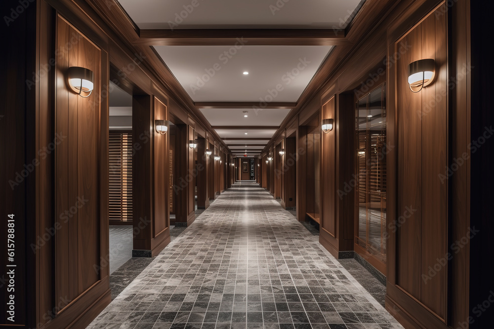 Modern luxurious hotel corridor with wood and tile. Generative AI