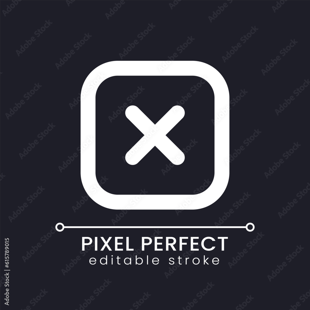 Close button pixel perfect white linear ui icon for dark theme. Leave webpage function. Vector line pictogram. Isolated user interface symbol for night mode. Editable stroke. Poppins font used Close button pixel perfect white linear ui icon for dark theme. Leave webpage function. Vector line pictogram. Isolated user interface symbol for night mode. Editable stroke. Poppins font used