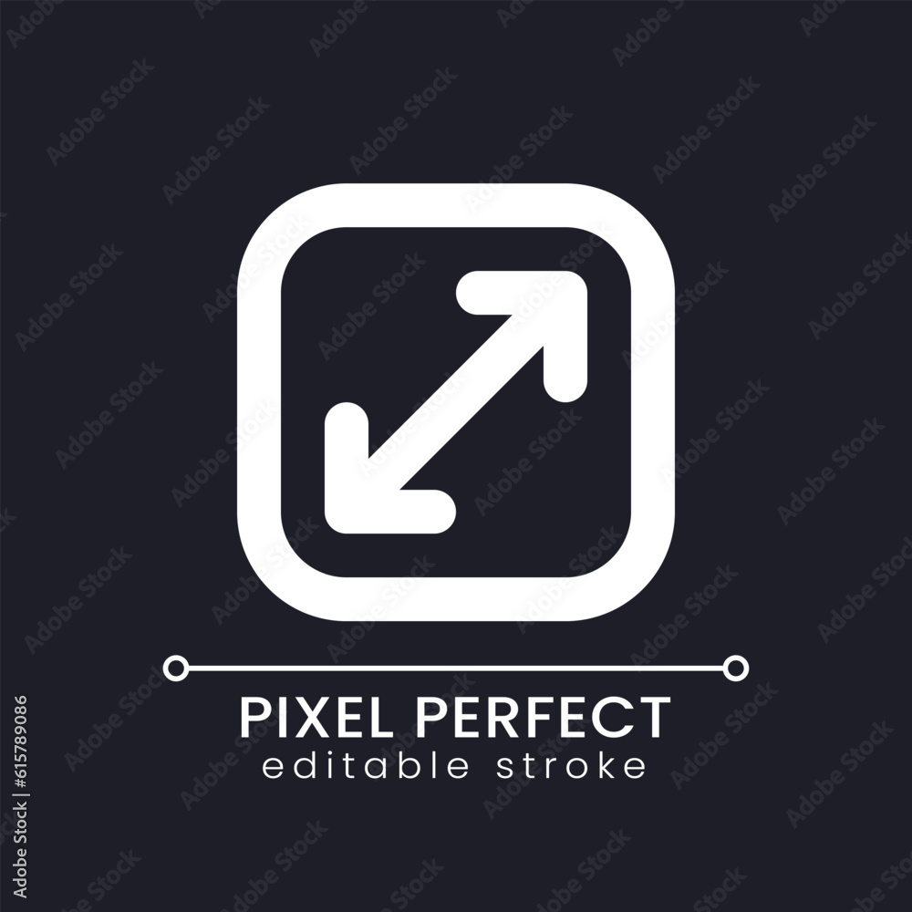 Screen enlargement pixel perfect white linear ui icon for dark theme. Multimedia player. Vector line pictogram. Isolated user interface symbol for night mode. Editable stroke. Poppins font used Screen enlargement pixel perfect white linear ui icon for dark theme. Multimedia player. Vector line pictogram. Isolated user interface symbol for night mode. Editable stroke. Poppins font used