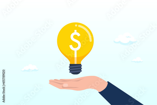 Businessman hand hold brightly lit money dollar light bulb idea, enlighten money idea, investment and savings with high profit, business idea to make money or profit, innovation or creativity (Vector)