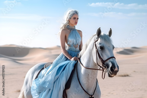 Beautiful woman with blue hair in a blue dress rides a white horse in the desert, a mythical character