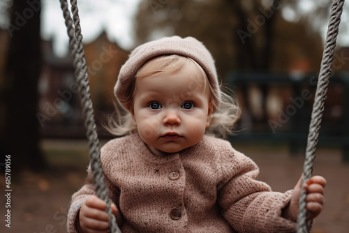 Baby on a swing in a playground. Fictional person. Generative AI