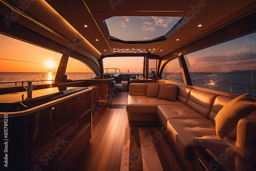 Interior of luxury motor yacht at sunset. Generative AI