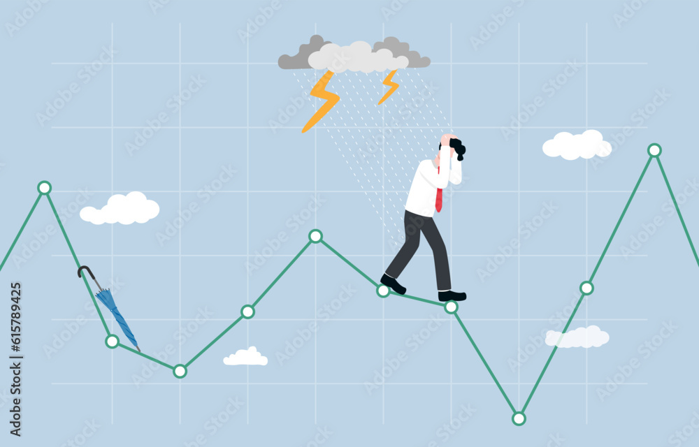 Wrong speculation in stock market, financial loss from incorrect forecasting, investment volatility concept, Businessman getting wet in rain while standing on stock graph without umbrella. Wrong speculation in stock market, financial loss from incorrect forecasting, investment volatility concept, Businessman getting wet in rain while standing on stock graph without umbrella.
