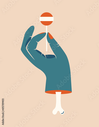 Creative cartoon clipart for Halloween with severed arm, hand with bone, lolipop, chupa chups. Cute hand drawn sticker, badge, label, illustration. Happy Halloween concept.