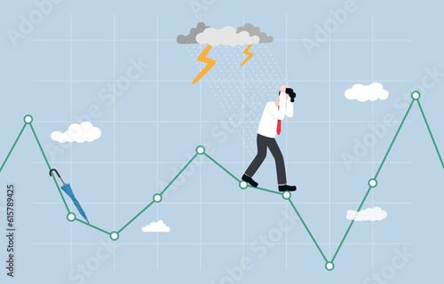 Wrong speculation in stock market, financial loss from incorrect forecasting, investment volatility concept, Businessman getting wet in rain while standing on stock graph without umbrella.