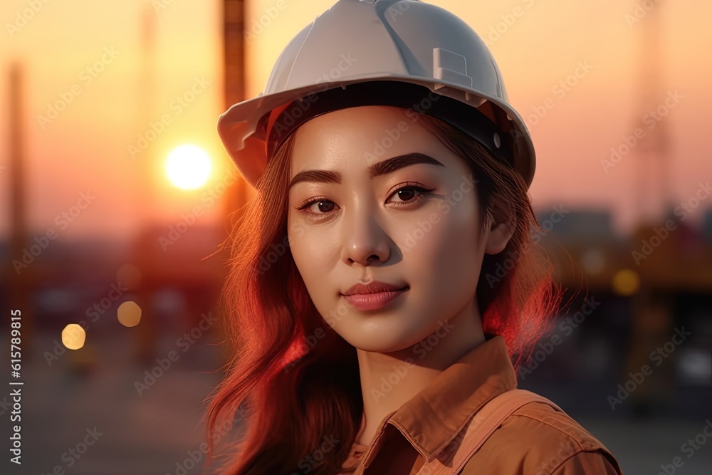 Portrait of a beautiful asian woman engineer with hard hat at sunset.Generative Ai Portrait of a beautiful asian woman engineer with hard hat at sunset.Generative Ai