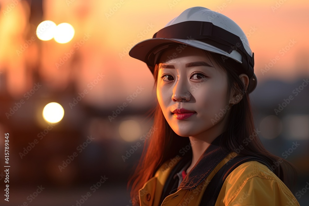 Portrait of a beautiful asian woman engineer with hard hat at sunset.Generative Ai Portrait of a beautiful asian woman engineer with hard hat at sunset.Generative Ai
