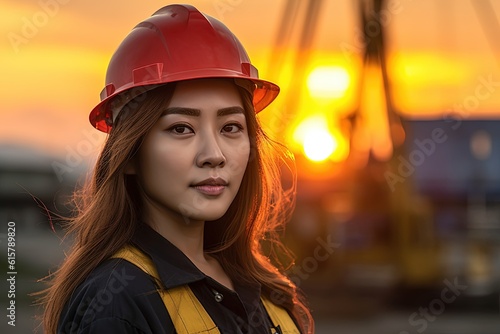 Portrait of a beautiful asian woman engineer with hard hat at sunset.Generative Ai © Rudsaphon