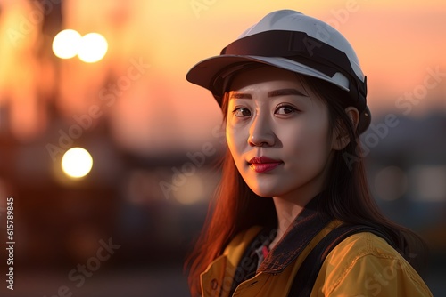 Portrait of a beautiful asian woman engineer with hard hat at sunset.Generative Ai © Rudsaphon