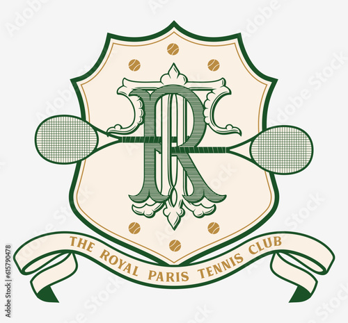 logo slogan graphic, retro royal tennis with shield. ball and raquet. palm beach Country club summer SS23 tennis crest sport, varsity design